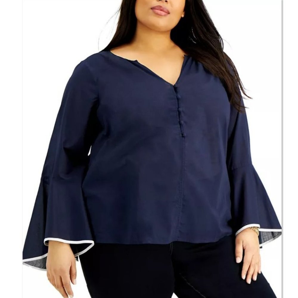 MICHAEL KORS Women's Navy Bell Sleeve V Neck Top Petites Petite Large